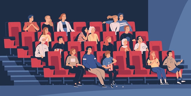ベクトル 映画館や映画館の講堂で椅子に座っている人。映画や映画を見ている老いも若き男性、女性、子供たち。視聴者または映画ファン。フラット漫画ベクトルイラスト。