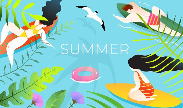 Vector people sitting and laying on surfboards or paddle boards background