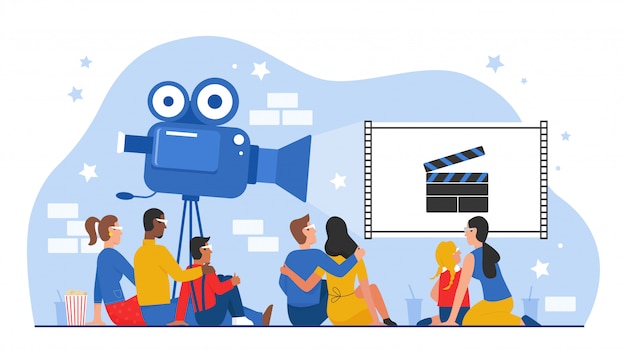 Vector people sitting in movie theater or cinema hall illustration, cartoon family, couple or friends characters watching cinematic film together