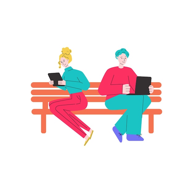 People sitting on one bench with mobile phones flat vector illustration isolated