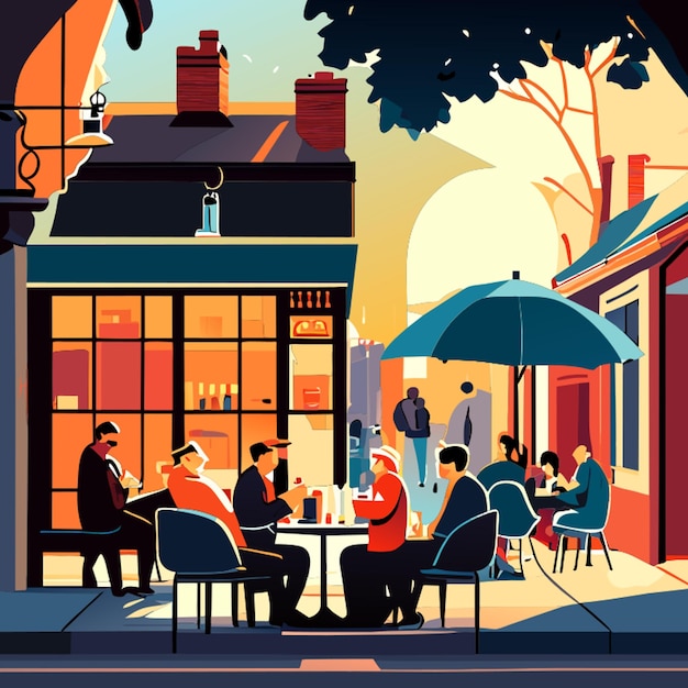 町のレストランの外に座っている人々のベクトル図