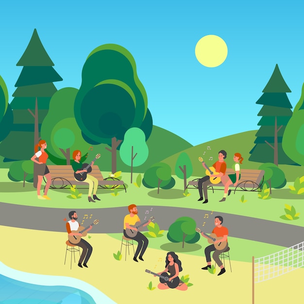 Vector people sitting in the park and playing acoustic guitar. adult character with a music instrument. young perfomer, rock musician.