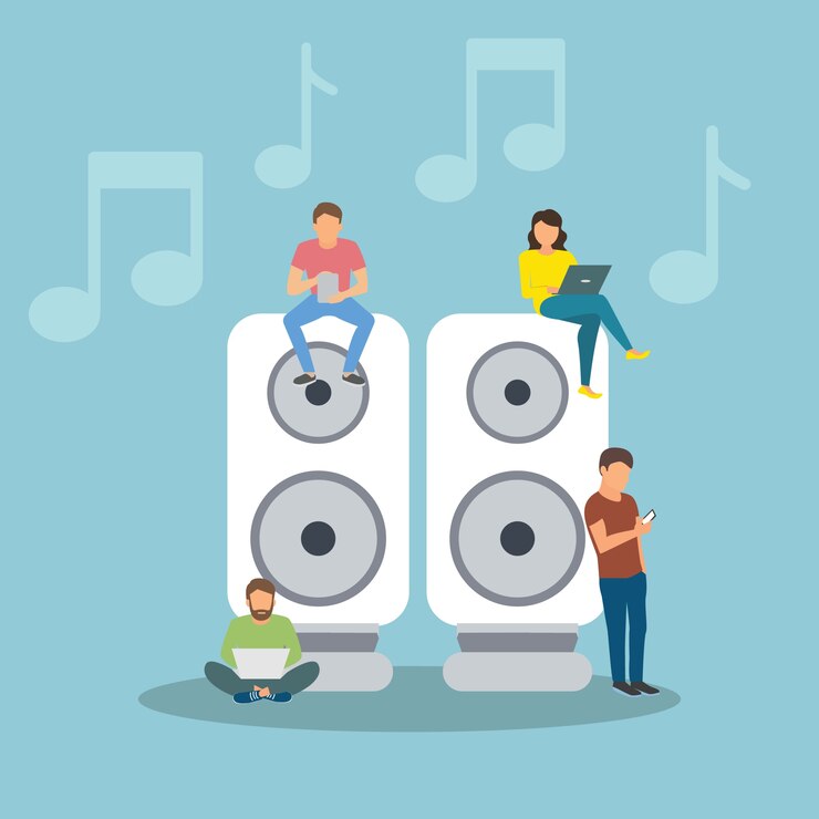 Vector people sitting on speakers and using smartphone and laptop to listen music and share music with friends. 