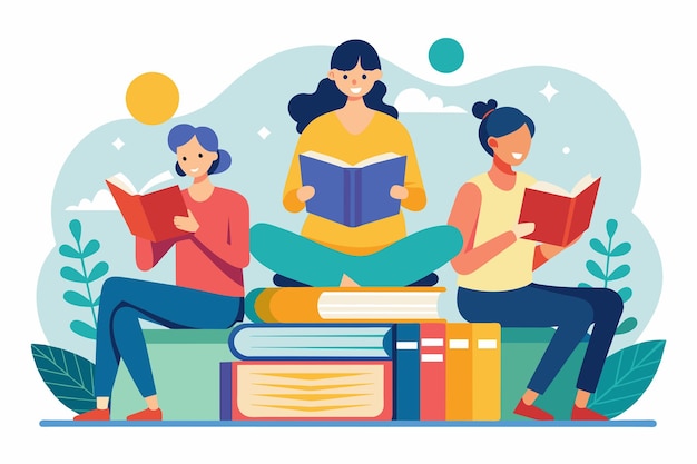 Vector people sitting on a stack of books engaged in reading and discussing various topics people are reading books a source of knowledge learning concept simple and minimalist flat vector illustration