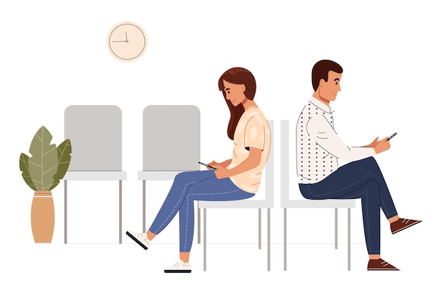 People sitting in a waiting room. Man and woman using smartphone while waiting. Colored flat vector