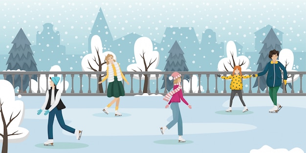 People skate in winter. winter entertainment. flat illustration.