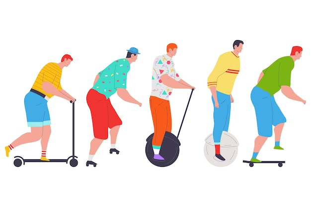 People on a skateboard, rollers, scooter cartoon set isolated.