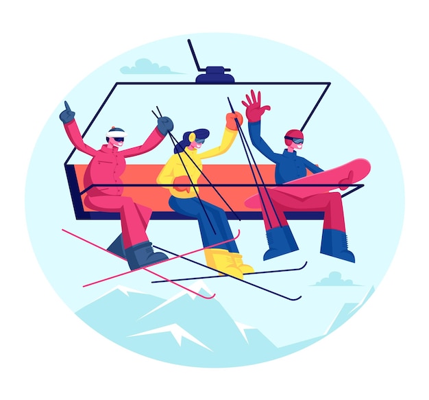 People at Ski Resort Holidays. Skiers and Snowboarder with Equipment Go Up Mountain Funicular. Cartoon Flat  Illustration