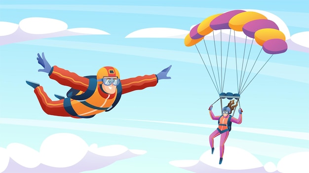 People skydiving and parachuting in the sky illustration