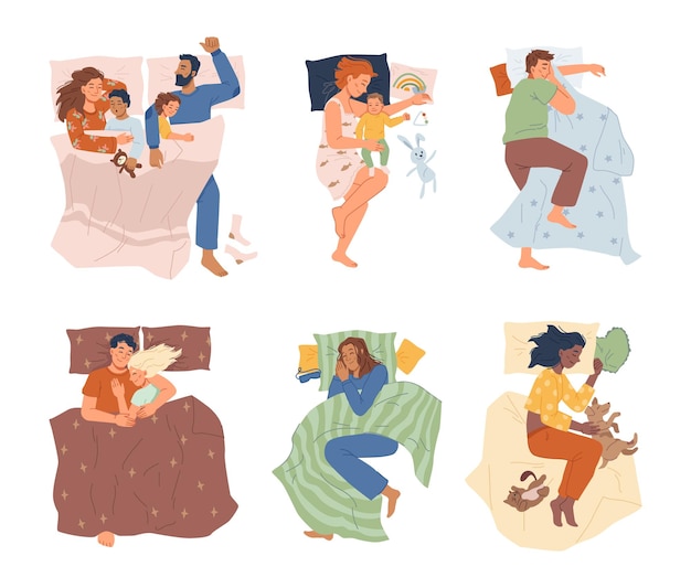 Vector people sleeping in bed couple kids man woman