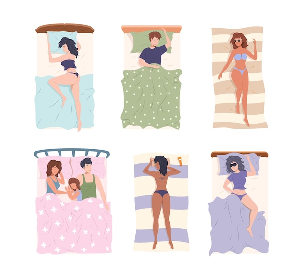 Vector people sleeping on bed and lying on towel sunbathing top view set