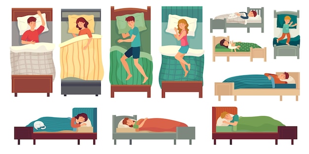 Persone che dormono nei letti. uomo adulto a letto, donna addormentata e bambini piccoli dormono insieme dell'illustrazione.