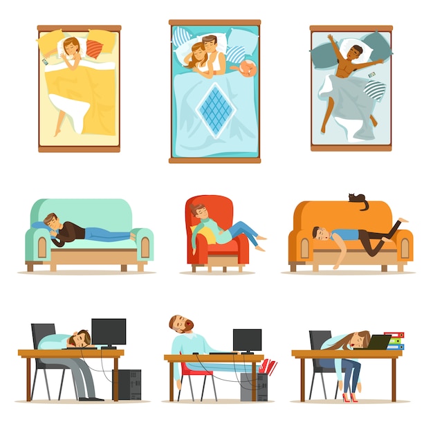 Люди, спящие в разных положениях дома и на работе