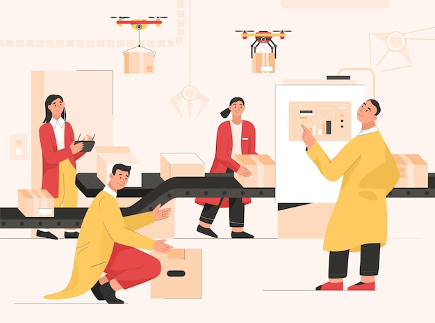 People at smart factory with conveyor. workers work automatic production line of cardboard boxes. engineer analyzes data process, control quadcopters delivery parcels. character illustration