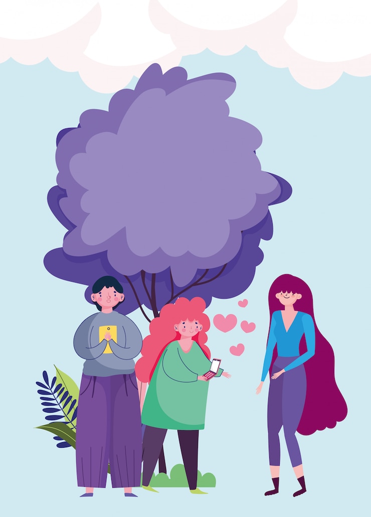 Vector people and smartphone, couple using mobile and woman standing outdoor cartoon