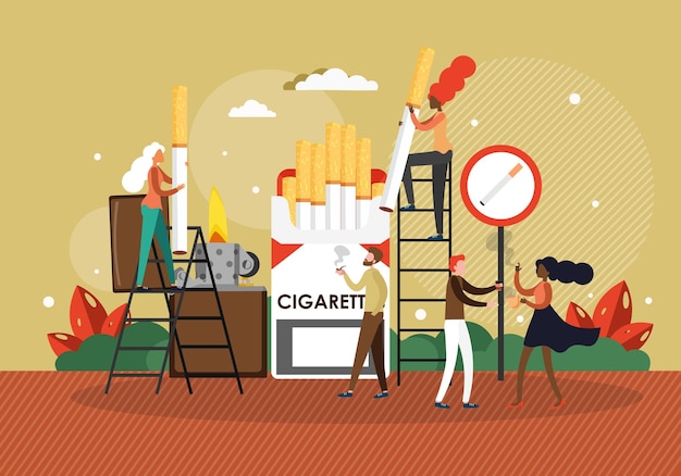 Vector people smoking cigarette nicotine and tobacco addiction unhealthy bad habit health risk vector illus...