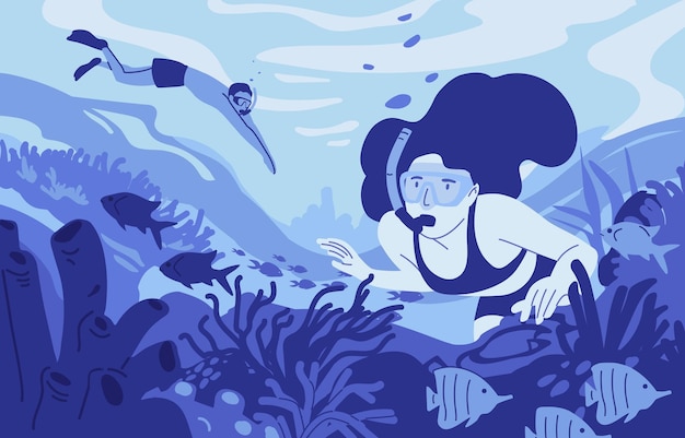 Vettore illustrazione vettoriale piatta per lo snorkeling di persone. attività ricreative estive subacquee. sport acquatici, hobby estremo. personaggi dei cartoni animati di uomo e donna in attrezzature per maschere. subacquei professionisti.