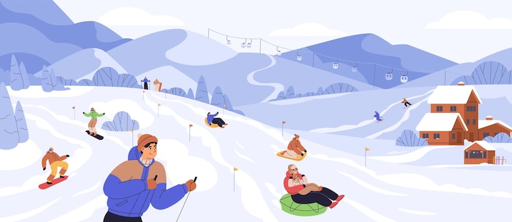 Vector people snowboarding and riding tubing at ski resort. skiers and snowboarders rolling from snowy mountain slope. outdoor winter sports activities. colored flat vector illustration.