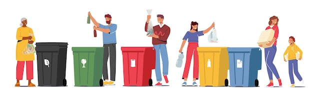 Vettore persone che smistano i rifiuti in contenitori diversi per la separazione adulti e bambini raccolgono i rifiuti per riciclare i bidoni
