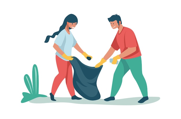 Vettore persone che smistano e riciclano i rifiuti volontari che raccolgono rifiuti all'aperto uomo e donna che mettono la spazzatura nel sacco i personaggi si prendono cura della natura attivisti vettoriali puliscono i parchi dai rifiuti