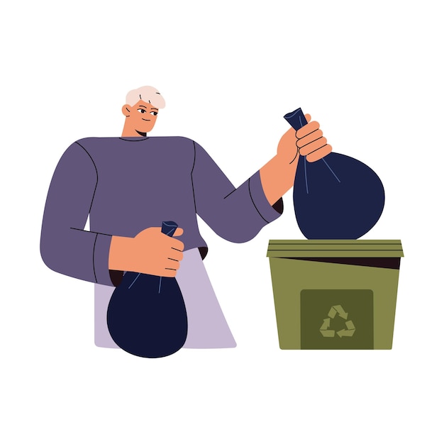 Вектор Люди сортируют мусор, разделяют мусор, человек бросает мешки с мусором в мусорный контейнер для перерабатываемых материалов, устойчивая жизнь, разделение мусора, сокращение загрязнения, плоская изолированная векторная иллюстрация на белом