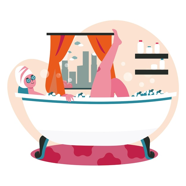 Vector people spend weekend at home scene concept. woman taking bubble bath in bathroom. resting, skin care, wellness, hobby and leisure, people activities. vector illustration of characters in flat design