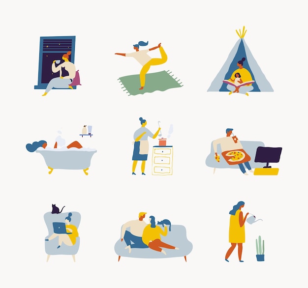People spending time at home flat vector illustration set Relaxing at home leisure time