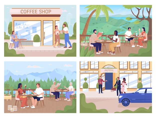 People spending time in public places flat color vector illustrations set