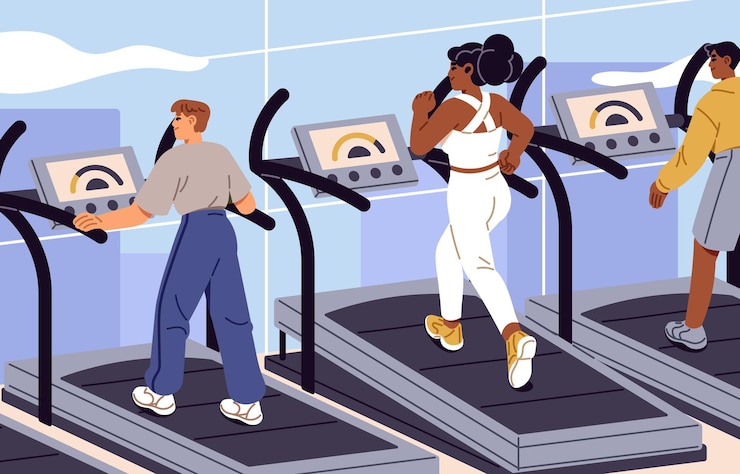 Vector people in sportswear do cardio training athletes run on treadmill during workout men and women jogging with sport equipment in gym characters practice physical exercises flat vector illustration