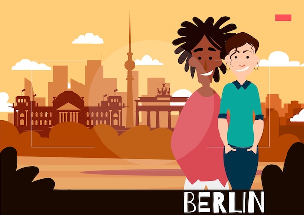 People standing are photographed against the background of Berlin. Travel Illustration in the style of photography.