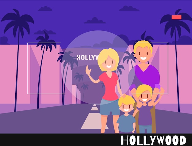 Le persone in piedi vengono fotografate sullo sfondo di hollywood. illustrazione di viaggio nello stile della fotografia. famiglia con bambini sullo sfondo di los angeles.