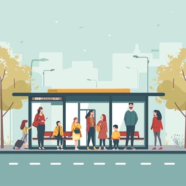 Vector people_standing_at_bus_stop_in_city