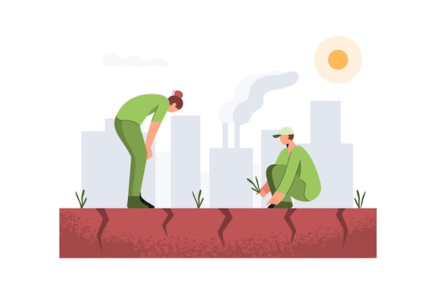 People standing on dry ground climate change concept in flat design