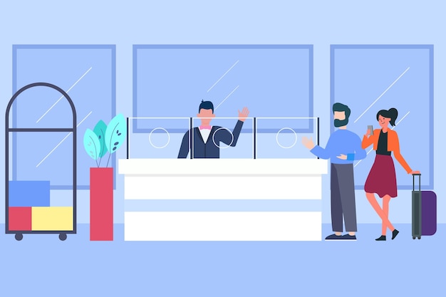 Vector people standing in front of a reception desk with a man wearing a face mask.