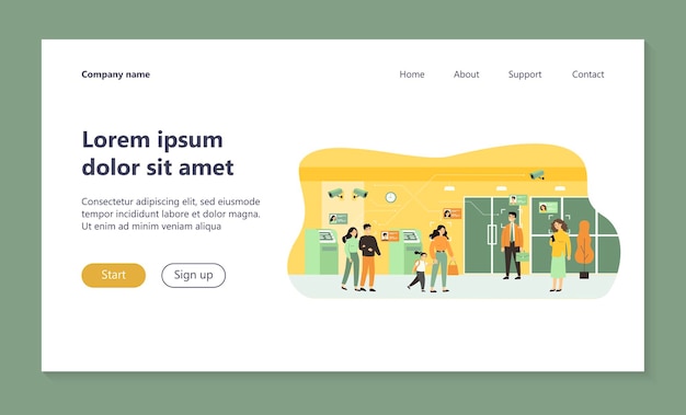 監視カメラが顔をスキャンして個人データのランディングページを表示している間、銀行のホールに立っている人々