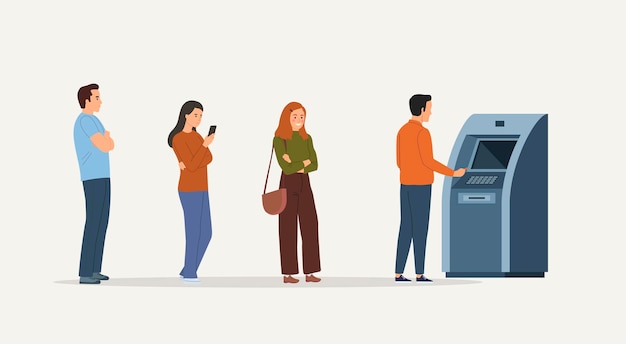 ATMマシンに並んで立っている人ベクトルフラットスタイルの漫画イラスト
