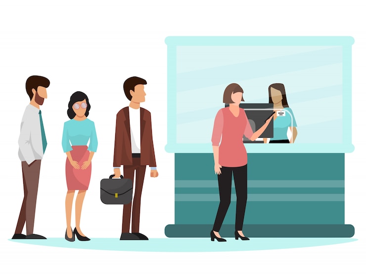 Vector people standing in queue in bank illustration.
