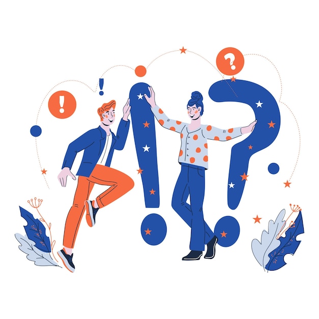 People standing with exclamation and question marks Ask questions and FAQ vector