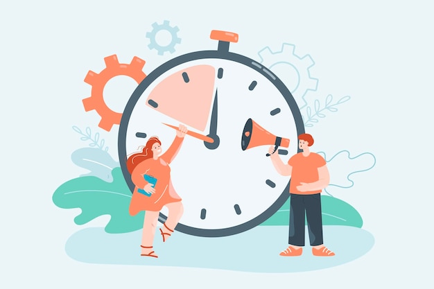 Vector people and stopwatch flat vector illustration. managers stopping timer and holding clock hand to meet deadline. business, express services, time management concept