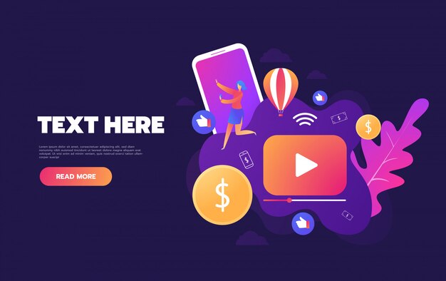 Vector people streaming online video with their laptop, smartphone  concept, online tutorial video streaming  landing page,