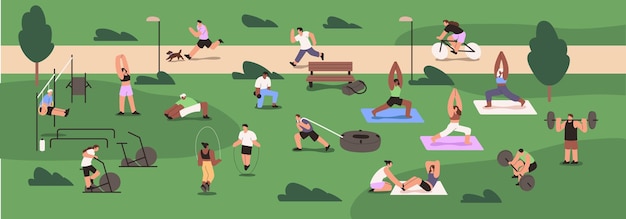 people do street workout in city park active men and women do physical exercises cardio and strength training outdoors athletes practice yoga fitness on sports ground flat vector illustration