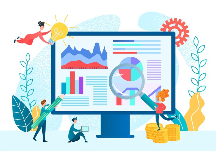Vector people study infographics of statistics of a selling site work in a team of programmers managers