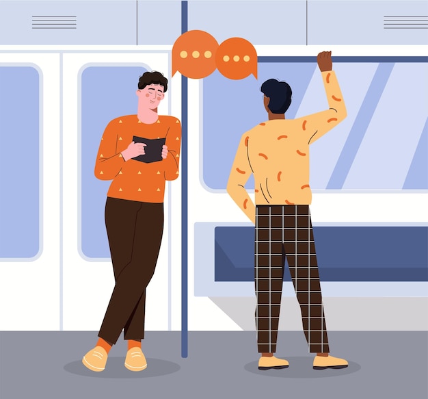 People in subway car concept men stand in train and communicate passengers with urban infrastructure travel and trip citizens with rapid transit cartoon flat vector illustration