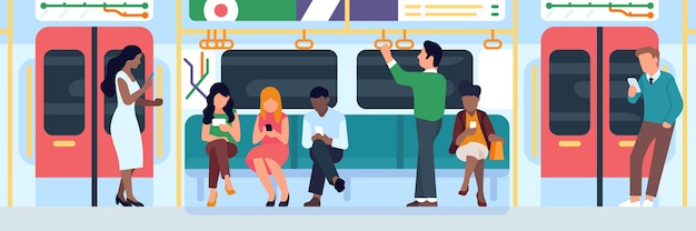 People in subway. Men and women characters sit in row, use mobile phones, underground big city transport, traveling standing and sitting persons vector concept