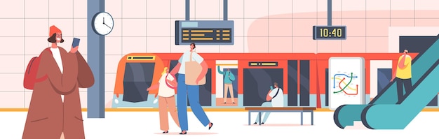 Persone alla stazione della metropolitana con treno, scala mobile, mappa, orologio e display digitale. personaggi maschili e femminili alla piattaforma della metropolitana pubblica, pendolare urbano, trasporto urbano. fumetto illustrazione vettoriale