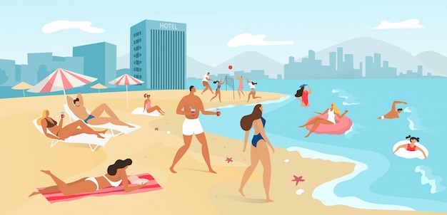 夏のビーチの風景の人々は、熱帯の海の概念への旅行、日光浴、海、リゾートの図での水泳。
