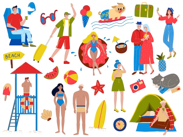 Vector people in summer vacation  illustration set, cartoon  active woman man vacationers swim, sunbathe and relax  on white