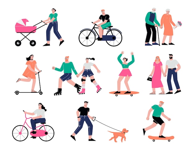 People summer walk on street Young adults on scooter and skateboard adults and senior persons Dog walking couple and teens sapid vector characters with skateboard activity outdoor illustration