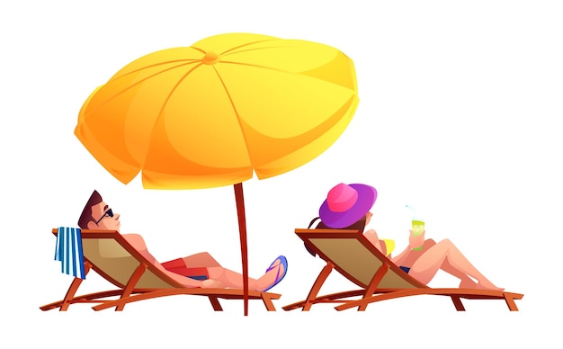 사람들은 우산 고립 된 만화 캐릭터 아래 일광욕 의자에 일광욕을하고 칵테일을 마신다.