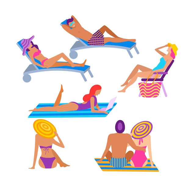 Vector people sunbathing at summer recreation set lady lying on towel with laptop man and woman enjoy on chaise lounge lovely couple hugging vector illustration tropical relaxation flat concept